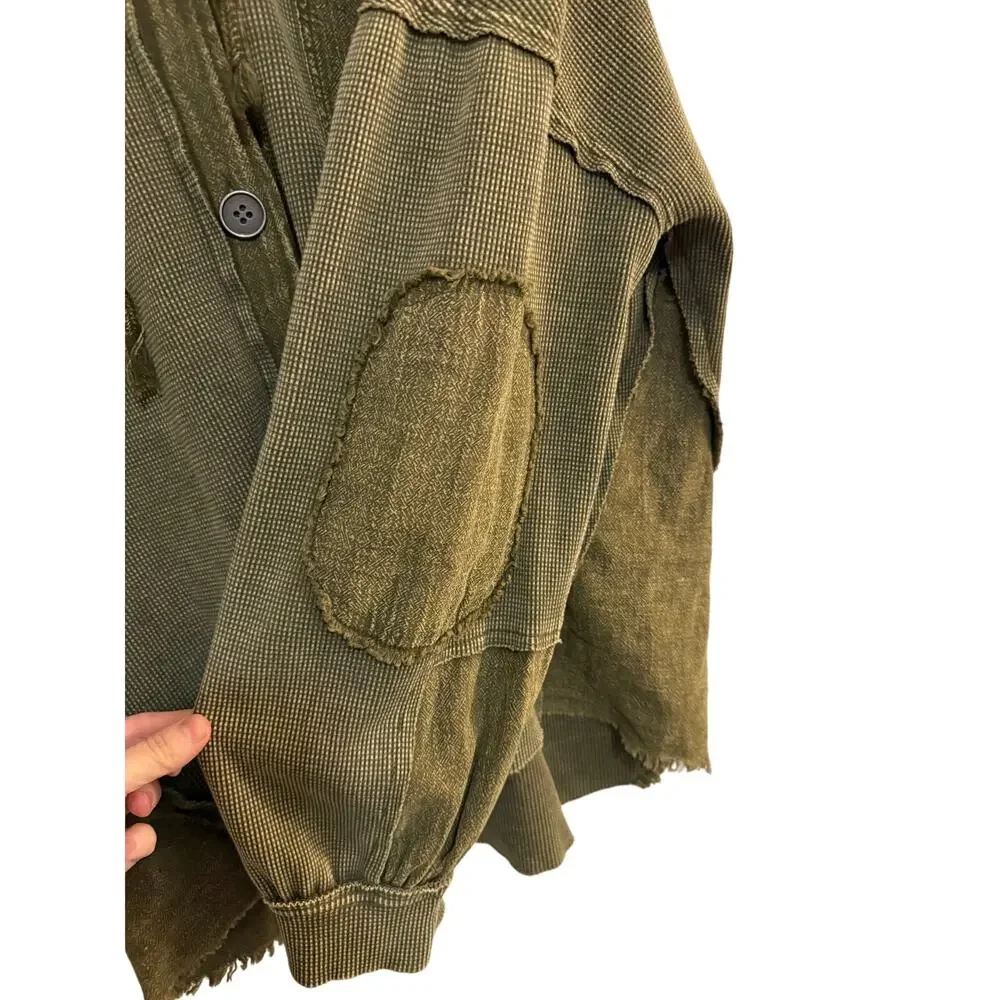 NWOT Easel Sz L Green Mineral Wash Hooded Shacket Waffle Knit mixed Media Grunge - Picture 4 of 8